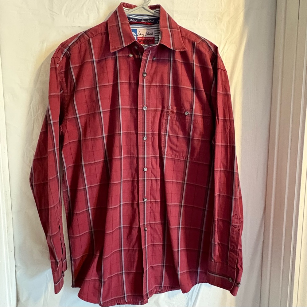 Wrangler George Straight Western Shirt Mens Medium Red Cowboy Cut Work Casual